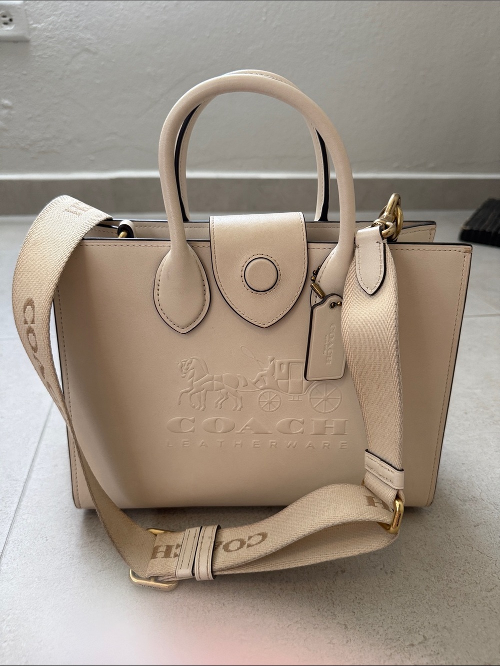 COACH Cream Leather Top-Handle Satchel with Logo and Signature Crossbody Strap - Picture 14 of 14